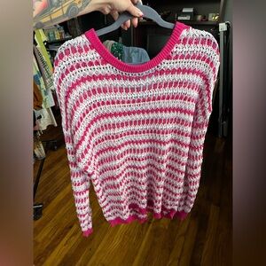 Versona XXL Pink/Purple/White Crochet Knit Striped Women's Sweater With Tie Back